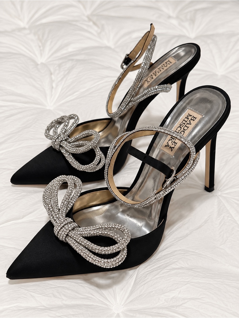 Badgley Mischka Black Satin Pointed-Toe Slingback Heels with Crystal Bow